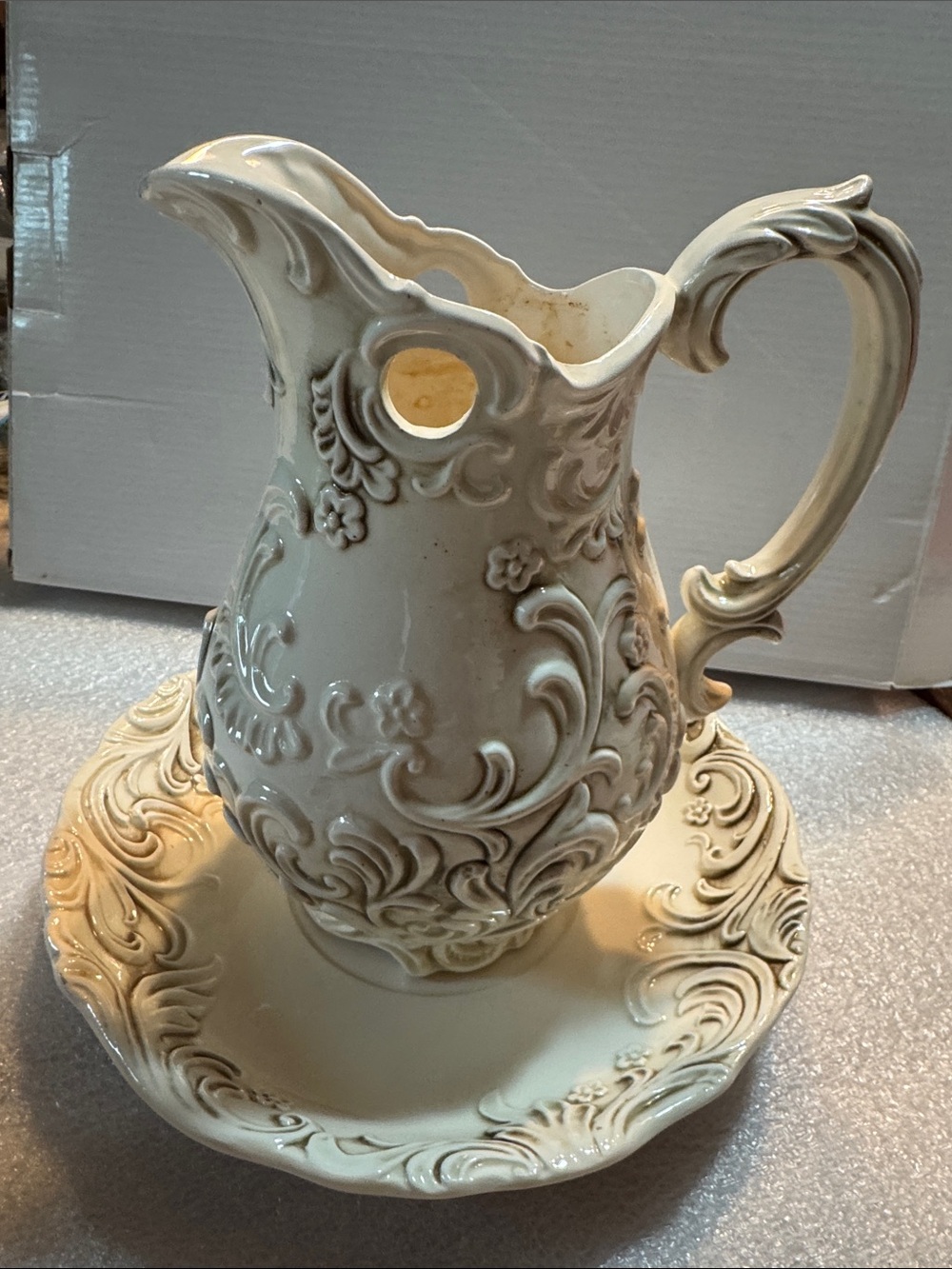 Vintage Inarco Decorative Cream Ceramic Pitcher and Basin Set